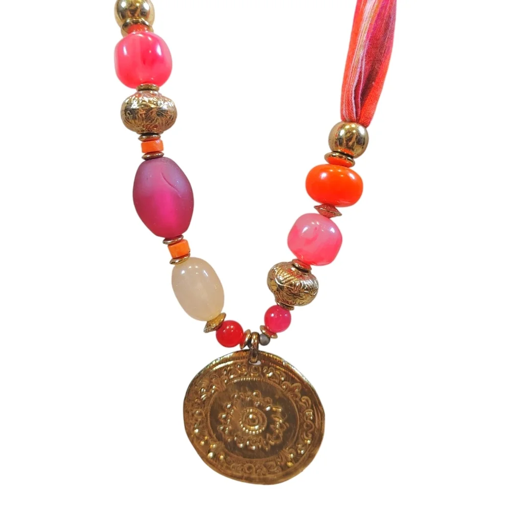 Chicos Pink Orange Beaded Scarf Pendant Statement Necklace Fashion Jewelry